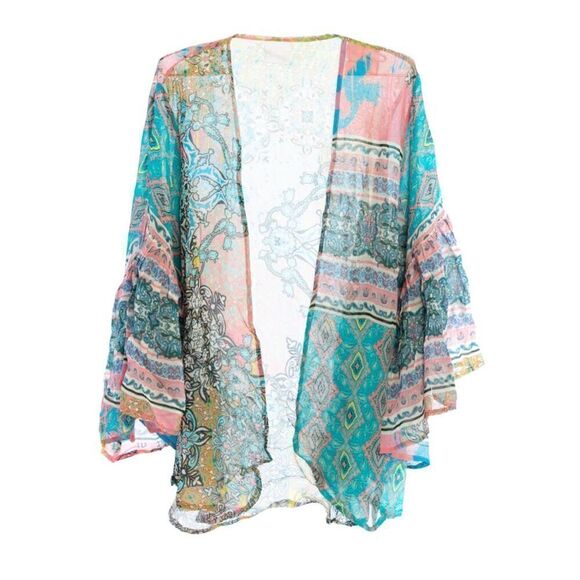 SAACHI Ruffle Printed Open Kimono Blue, Pink One Size - Picture 11 of 12